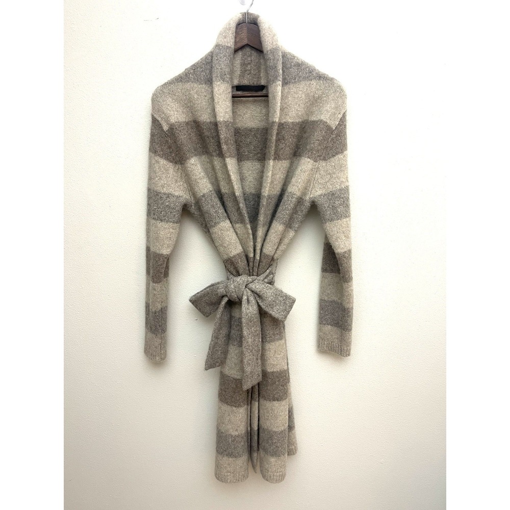 JENNI KAYNE Luxurious Belted Sweater Coat Long Cardi Oatmeal Stripe Yak Alpaca L - Picture 2 of 16